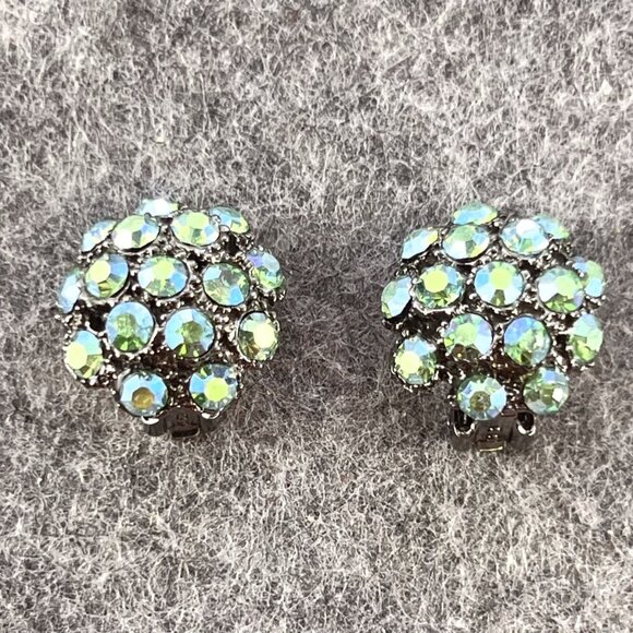 Vintage Aurora Borealis Rhinestone Dome Cluster Clip On Earrings Silver Tone - Picture 2 of 7